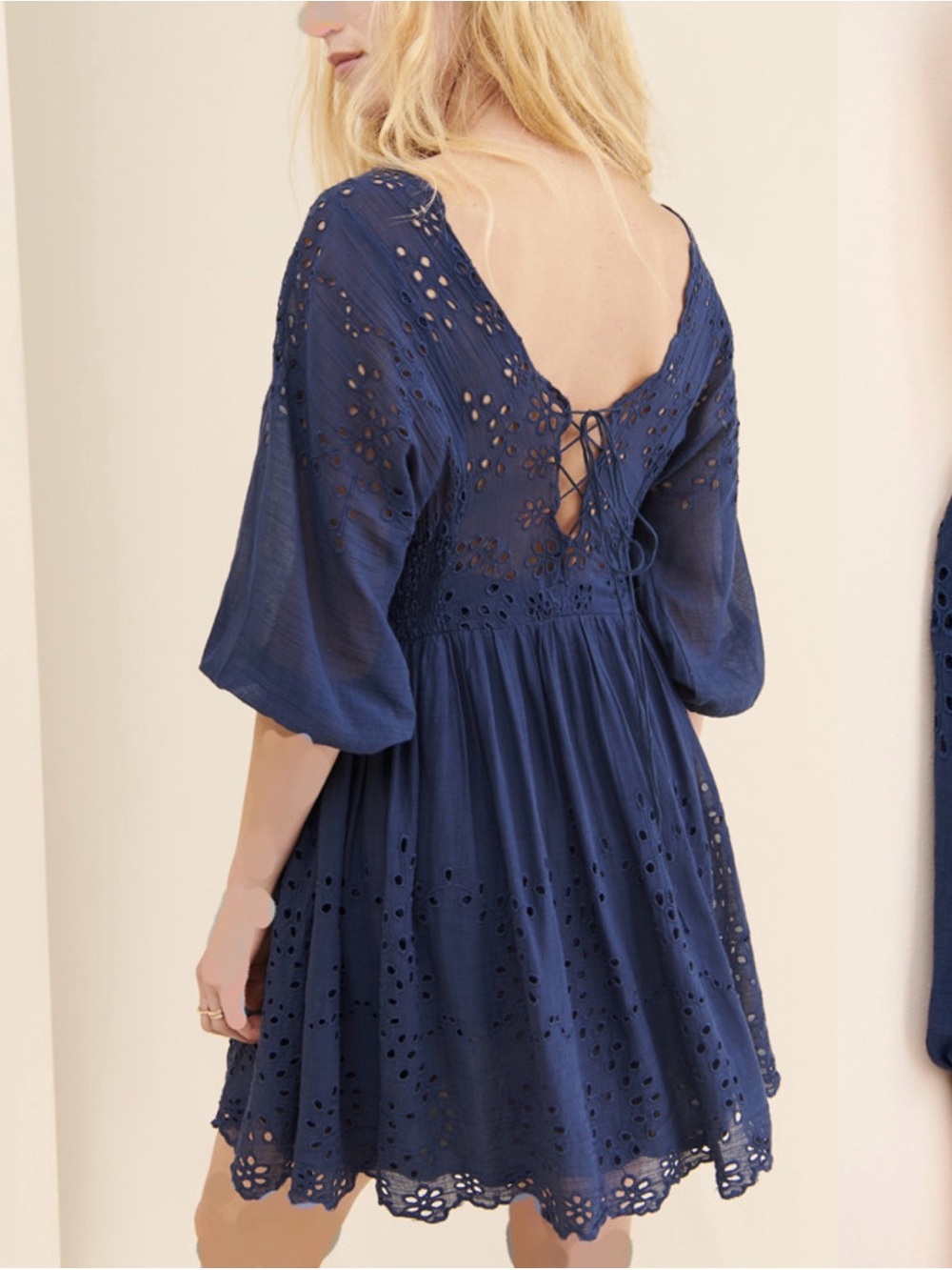 Free People Navy Eyelet V-Neck Mini Dress three quarter sleeves - Women - Picture 2 of 9